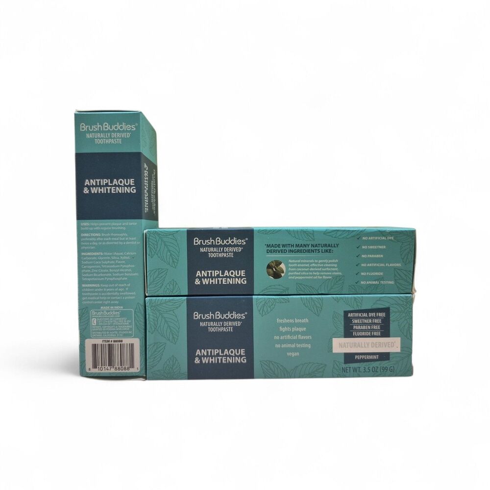 Lot of 3 BrushBuddies Antiplaque & Whitening Toothpaste Peppermint Vegan 3.5 oz